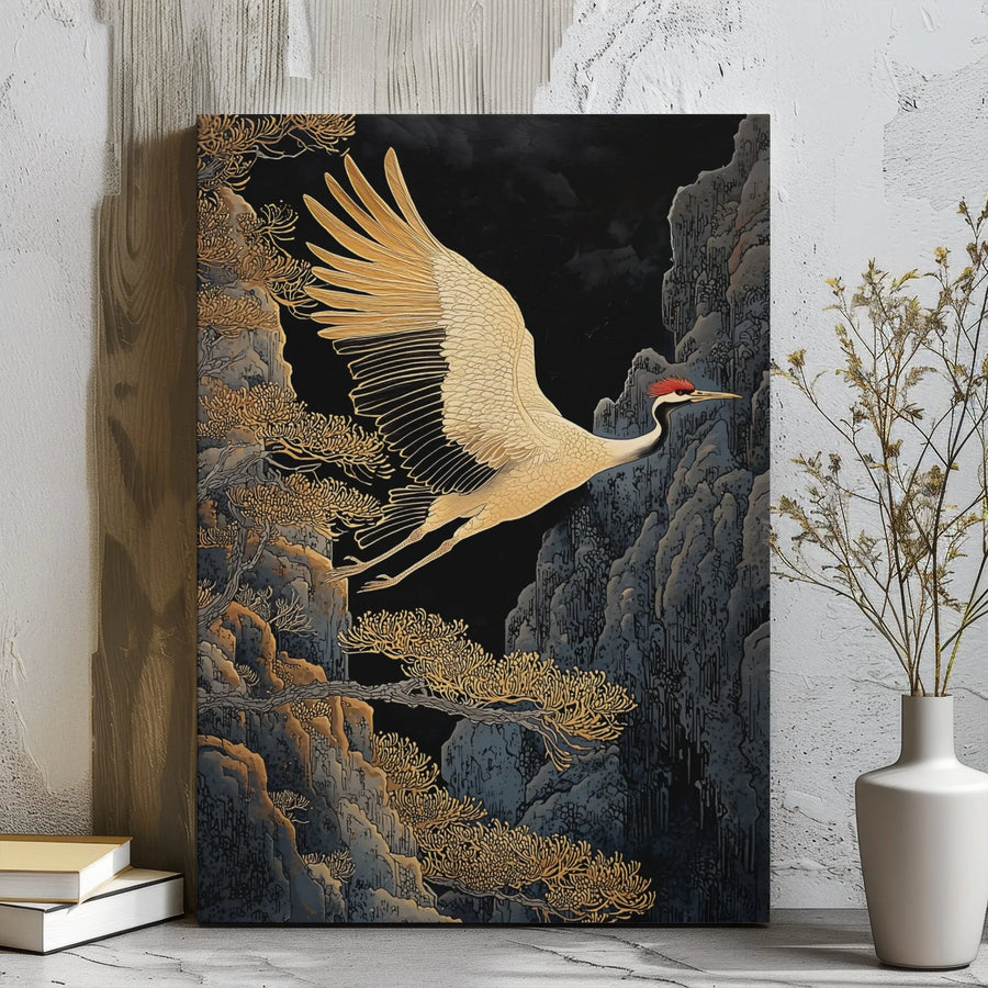 Japanese Crane Wall Art | Golden Bird Over Mountain Cliffs | Premium Gallery Wrap Canvas | Zen Home Decor Gift for Nature Lovers