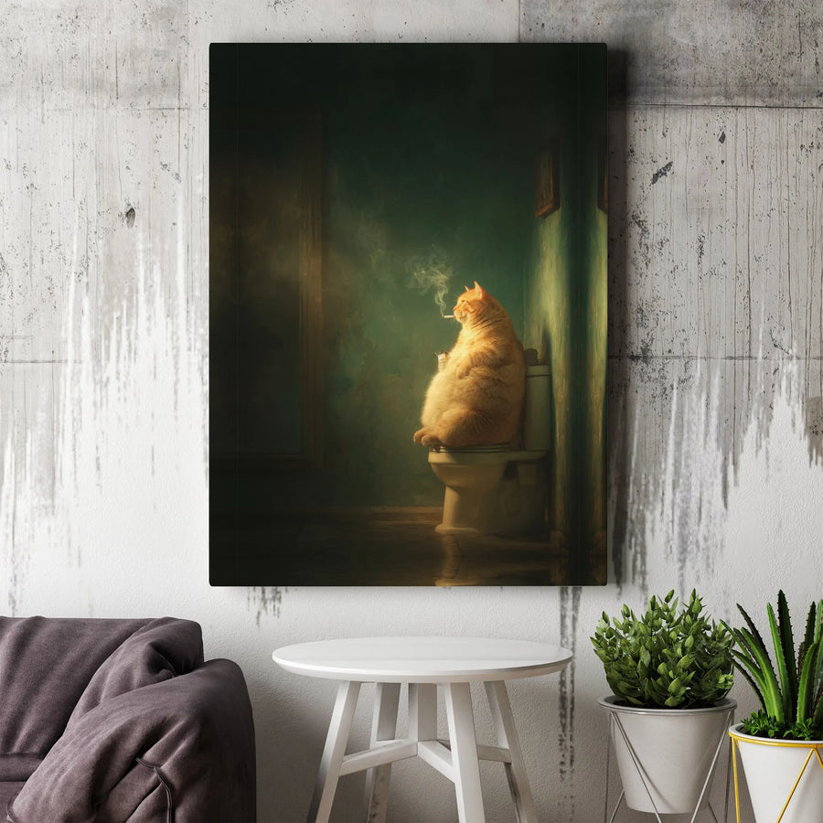 Funny Cat Wall Art | Smoking Orange Tabby on Toilet | Premium Gallery Wrap Canvas | Unique Bathroom Decor Gift for Cat Lovers