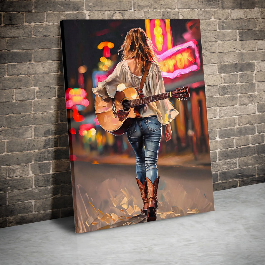 Country Music Canvas Print | Nashville Street Scene with Female Guitarist | Premium Gallery Wrapped Canvas | Western Home Decor for Music Lovers