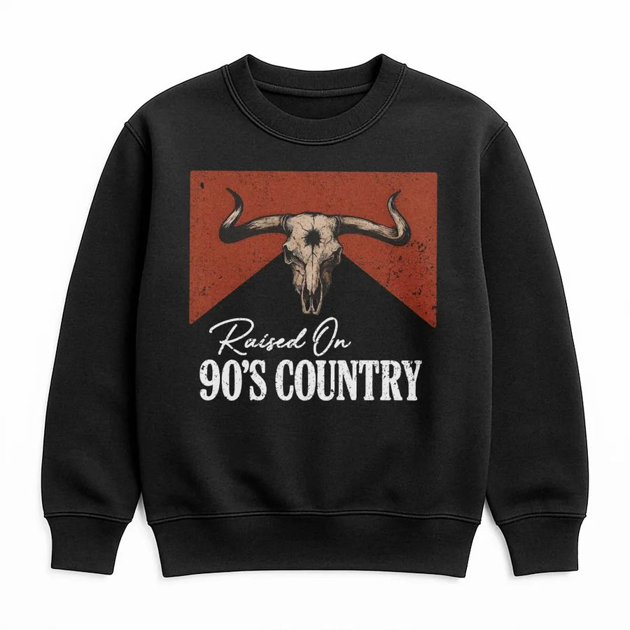 Raised On 90s Country Sweatshirt | Vintage Western Cow Skull Graphic | Soft Cotton Blend | Gift for Country Music Fan, Retro Cowboy Apparel