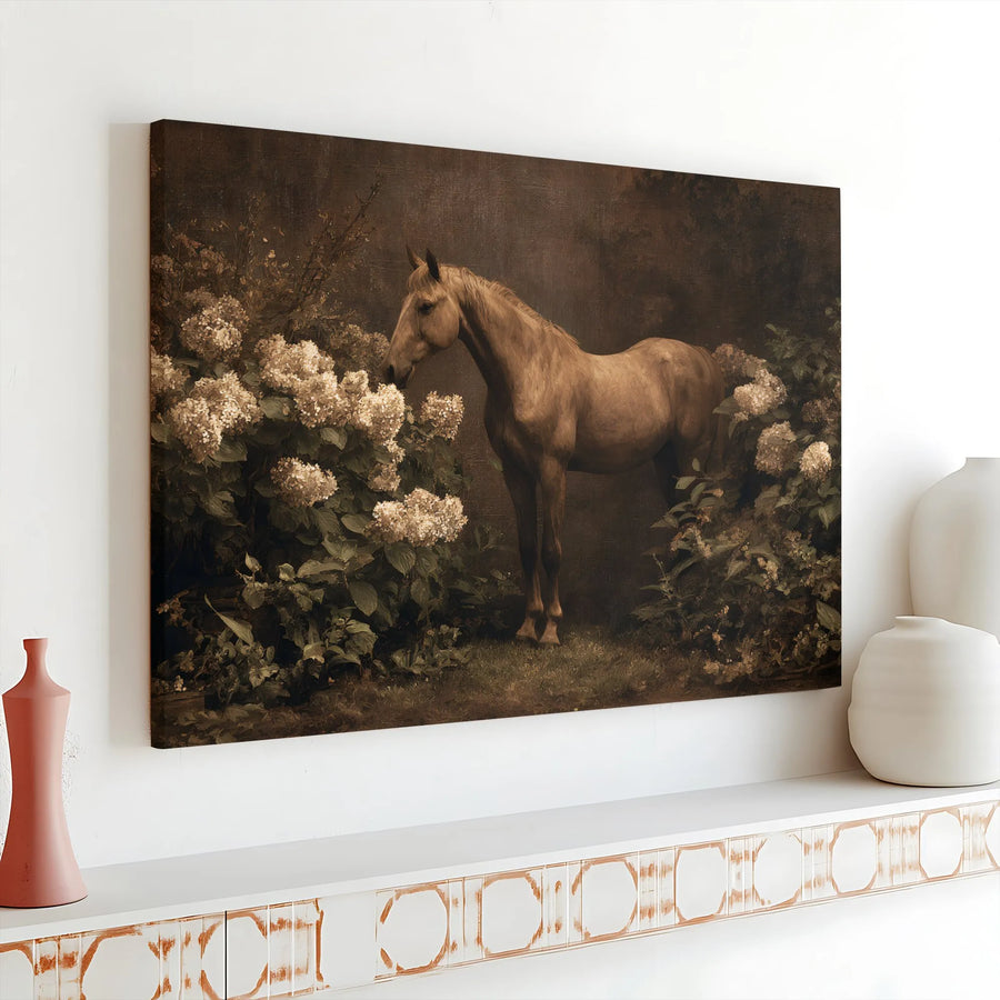 Horse In Hydrangea Garden Canvas | Moody Vintage Equestrian Oil Painting Style | 1.25-Inch Gallery Wrap | Premium Farmhouse Wall Art