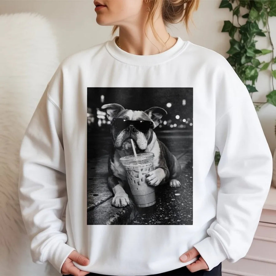 Funny Bulldog Sweatshirt | Dog Wearing Sunglasses with Iced Coffee | Premium Cotton-Blend Sweatshirt | Gift for English Bulldog Owner