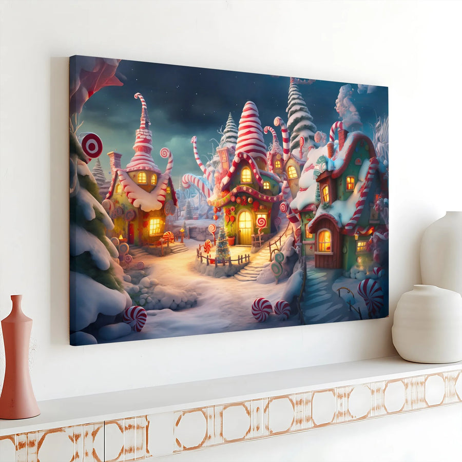 Whimsical Christmas Candy Village Canvas | Festive Gingerbread House Art | Premium Gallery-Wrapped Print | Holiday Home Decor Gift