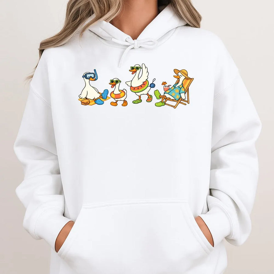 Silly Goose Hoodie | Funny Cartoon Beach Geese Graphic | Cozy Cotton Blend Pullover | Unisex Animal Lover Gift