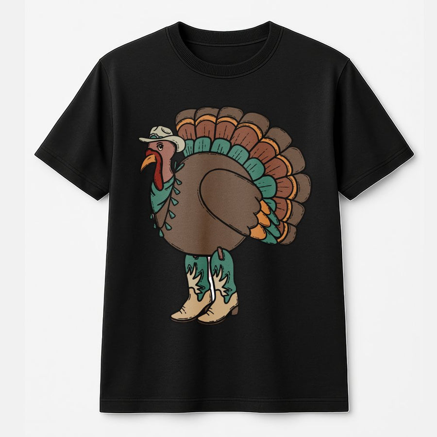 Western Turkey T-Shirt | Cowboy Boots Thanksgiving Graphic | 100% Cotton Premium Tee | Boho Fall Festive Gift for Women & Men