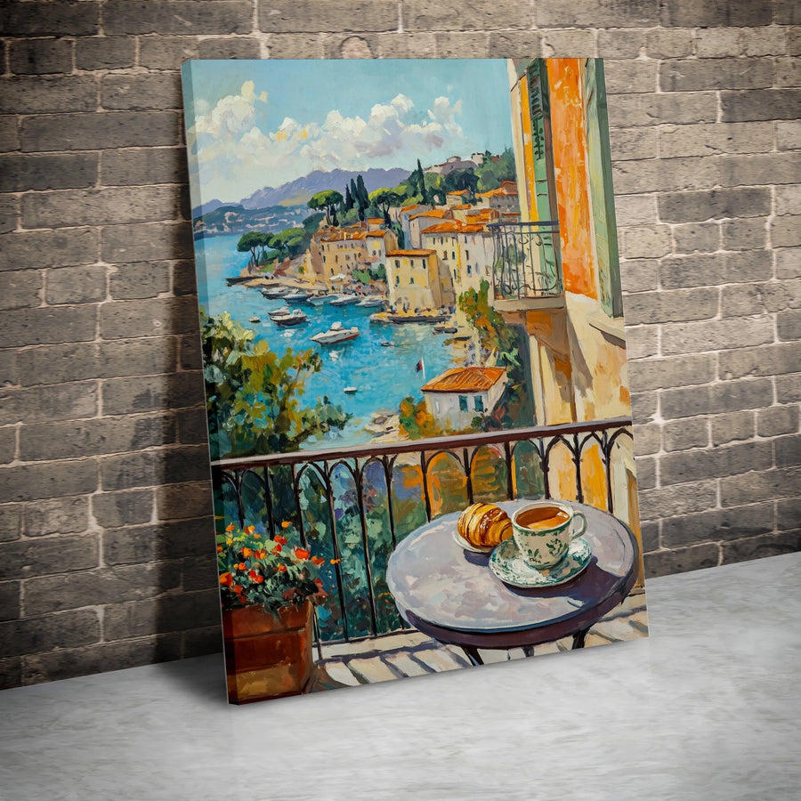 Mediterranean Balcony View Canvas Print | Italian Riviera Harbor Landscape | Premium Gallery Wrapped Wall Art | Coastal Home Decor Gift