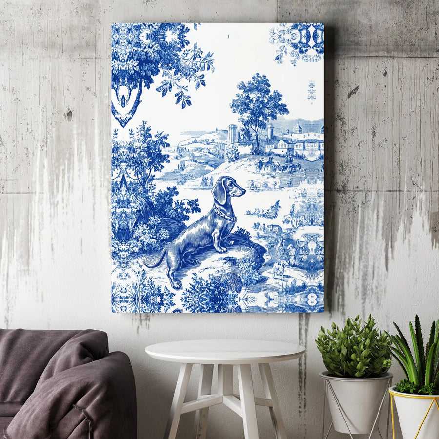 Dachshund Toile Canvas Wall Art | Vintage Blue and White Pastoral Scene | Premium Gallery Wrapped Print | Unique Home Decor Gift for Dog Lover