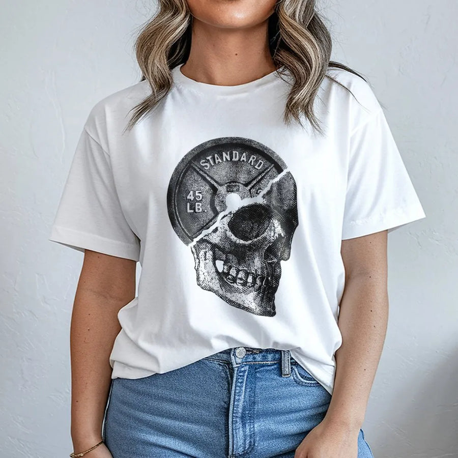 Gym Skull T-Shirt | 45lb Weight Plate Graphic | Premium Cotton Fitness Tee | Gift for Bodybuilder or Weightlifter