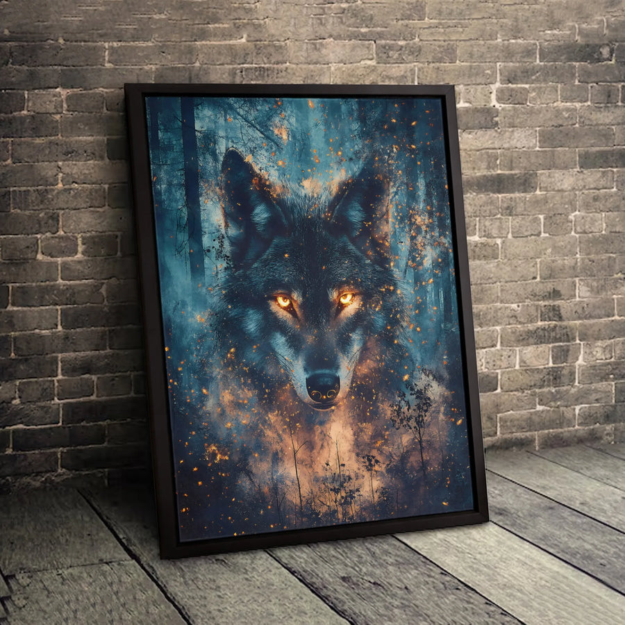Mystical Wolf Wall Art | Glowing Fire Eyes Forest Canvas | Gallery Quality 1.25-inch Profile | Wildlife Nature Decor Gift for Wolf Lovers