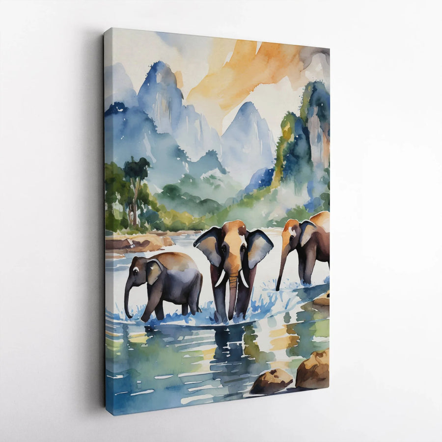 Watercolor Elephant Wall Art | Mountain River Nature Canvas Print | Premium Gallery-Wrapped Decor | Wildlife Lover Gift