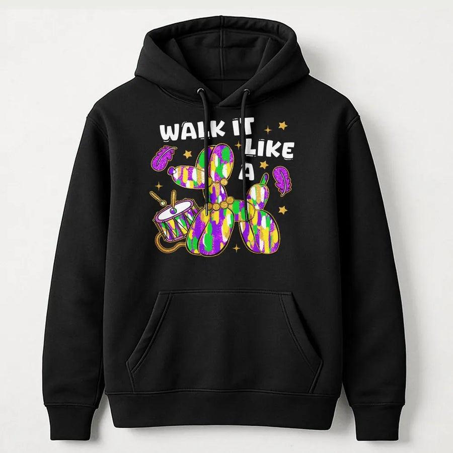 Mardi Gras Balloon Dog Hoodie | Walk It Like A Dog Festive Graphic | Premium Cotton Blend Pullover | Unisex New Orleans Parade Gift