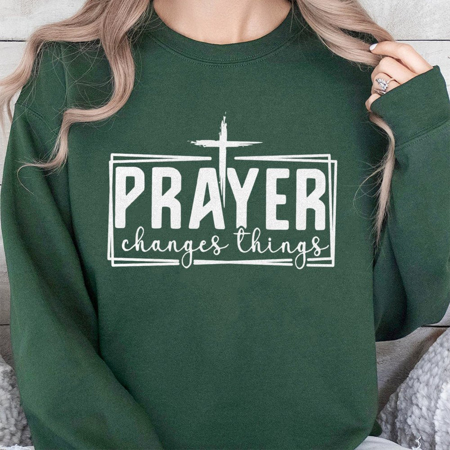 Prayer Changes Things Sweatshirt | Inspirational Christian Cross Design | Premium Cotton Blend Crewneck | Religious Gift For Men And Women