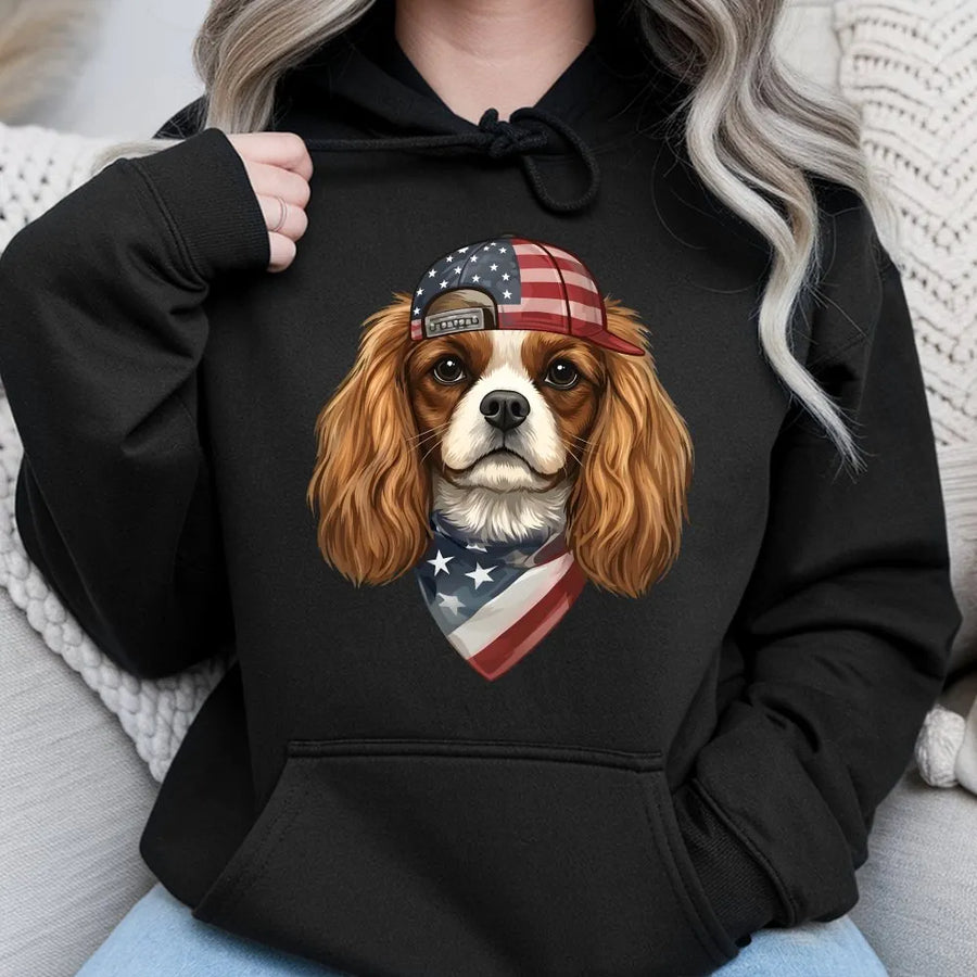 Patriotic Dog Hoodie | Cavalier King Charles Spaniel USA Flag Graphic | Soft Cotton Blend Pullover | Fourth of July Gift for Dog Mom & Dad