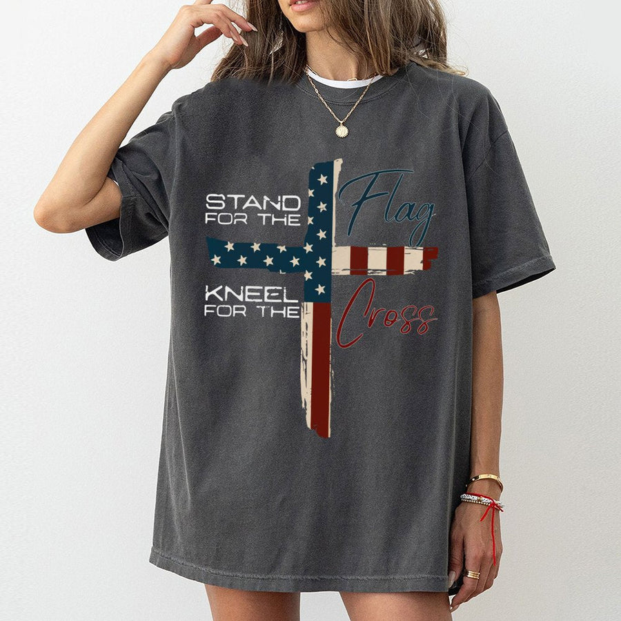 Stand For The Flag Kneel For The Cross T-Shirt | Patriotic American Flag Religious Graphic | 100% Cotton Premium Tee | Faith & Country Gift For Men Women