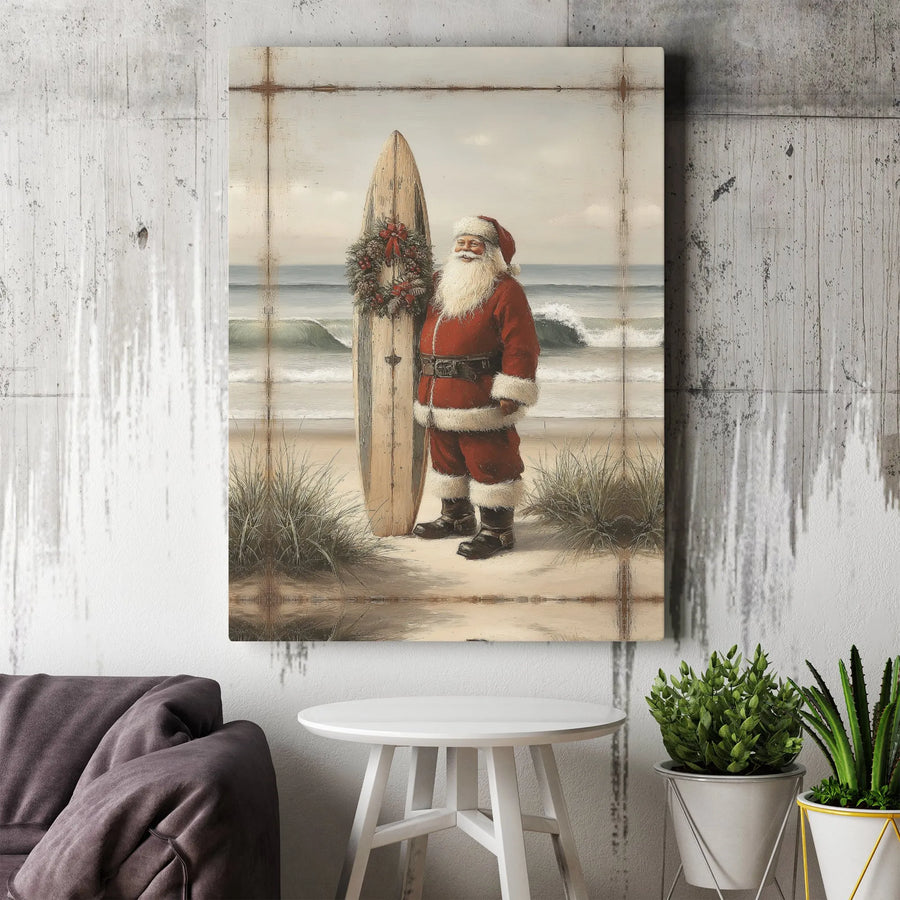 Coastal Santa Wall Art | Vintage Surfing Santa With Christmas Wreath | Premium Gallery Wrapped Canvas | Holiday Beach House Decor Gift