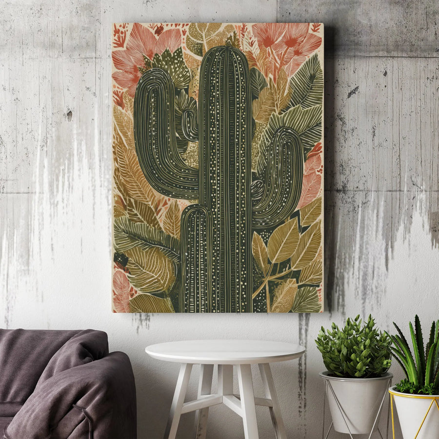 Desert Cactus Vertical Canvas | Boho Botanical Illustration | Premium Frameless Canvas | Southwestern Living Room Decor Gift