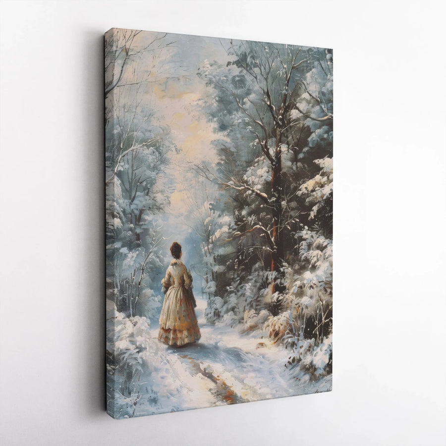 Winter Forest Canvas Print | Victorian Woman Painting Wall Art | Gallery Wrapped Premium Canvas | Serene Landscape Decor for Home