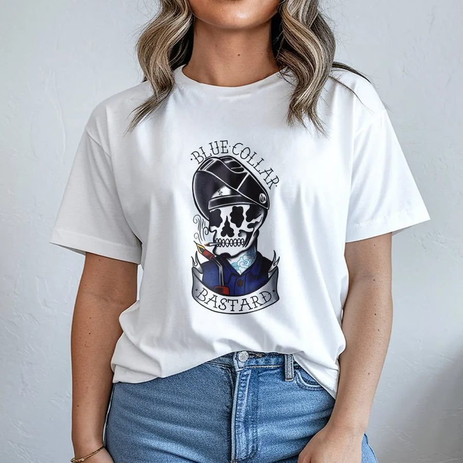Welder Skull Graphic T-Shirt | Blue Collar Bastard Tattoo Style Art | Premium Cotton Unisex Tee | Funny Gift For Welders And Metalworkers
