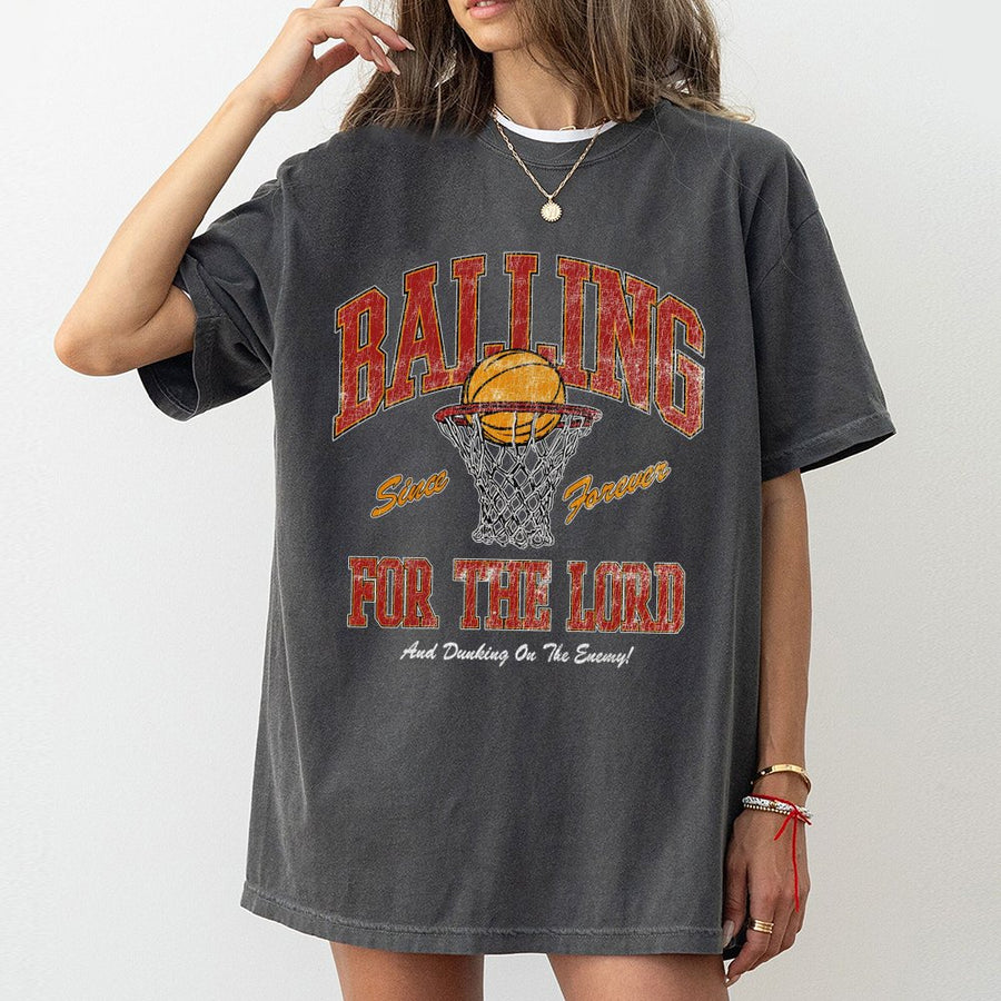 Balling For The Lord Basketball T-Shirt | Vintage Distressed Sports Graphic Tee | 100% Cotton Premium Quality | Religious Gift for Christian Athletes