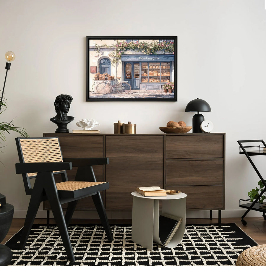 French Bakery Canvas Print | Watercolor Boulangerie with Bicycle | Premium Gallery Wrap Wall Art | Kitchen Decor Gift for Travel Lovers