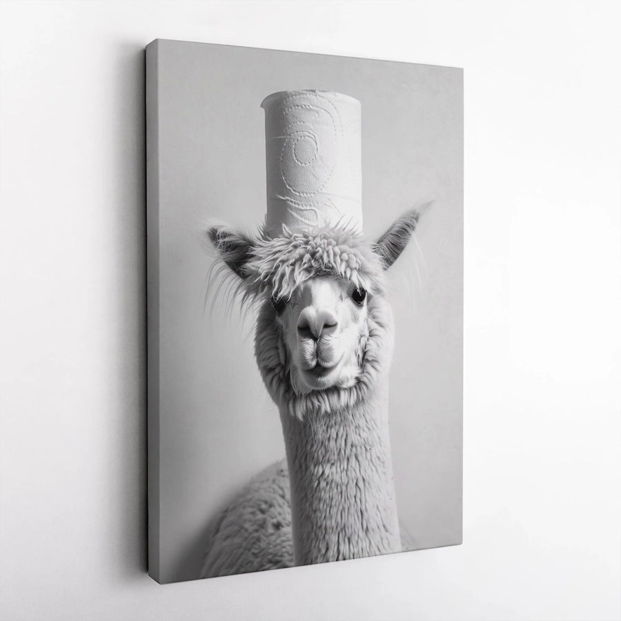 Funny Alpaca Bathroom Wall Art | Quirky Llama with Toilet Paper Roll Hat | Premium Gallery Canvas | Humorous Home Decor Gift for Animal Lovers