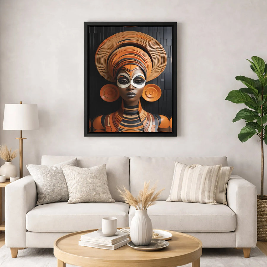 Afrofuturistic Wall Art | Vibrant Orange Headdress Portrait | Premium Gallery-Wrap Canvas | Modern African American Home Decor Gift