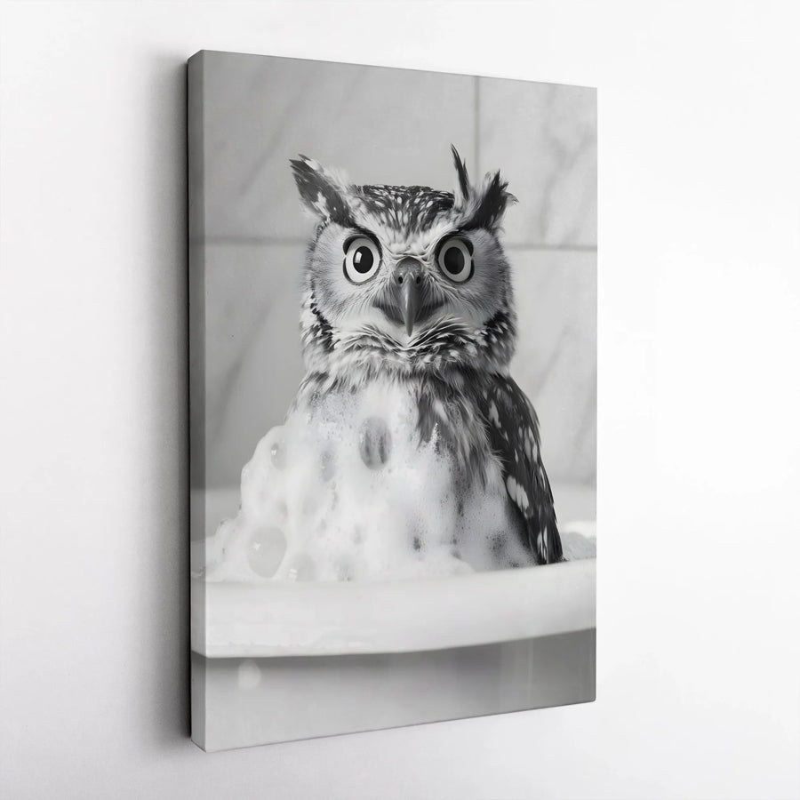 Funny Owl Vertical Canvas Print | Surprised Bird in Bathtub Black & White Photo | Premium Wall Art | Quirky Bathroom Decor & Housewarming Gift