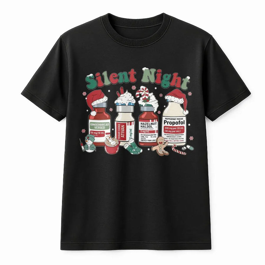 Silent Night Christmas T-Shirt | Funny Medical Scrub Design | Premium Soft Cotton | Nurse Gift for ICU RNs and Healthcare Workers