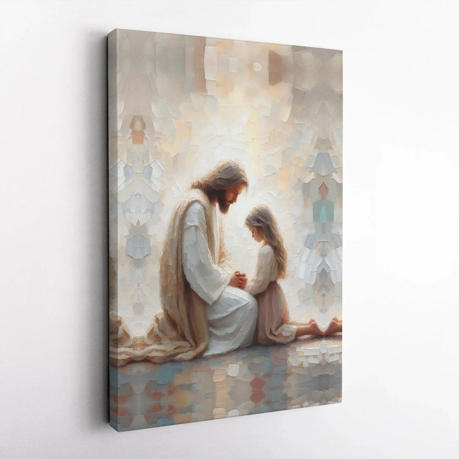 Jesus Praying With Little Girl Canvas Art | Impressionist Christian Wall Decor | Gallery-Wrapped Premium Print | Religious Gift for Home