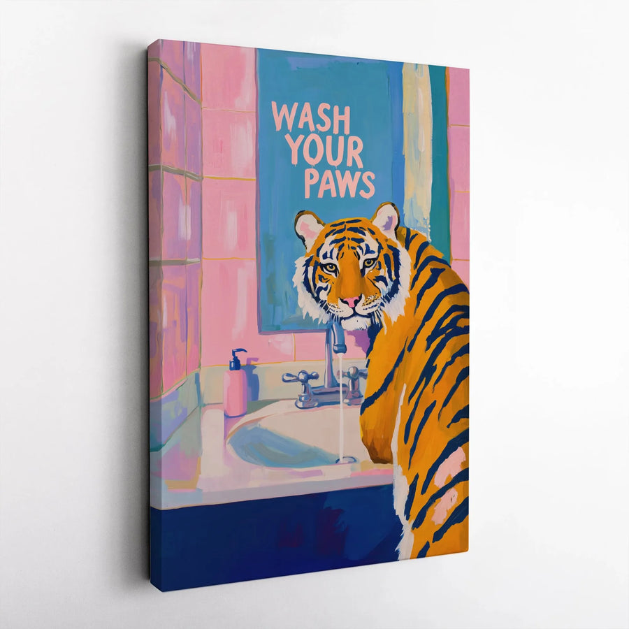 Wash Your Paws Tiger Wall Art | Funny Bathroom Decor | Premium Gallery Wrap Canvas | Unique Animal Lover Gift for Home or Office