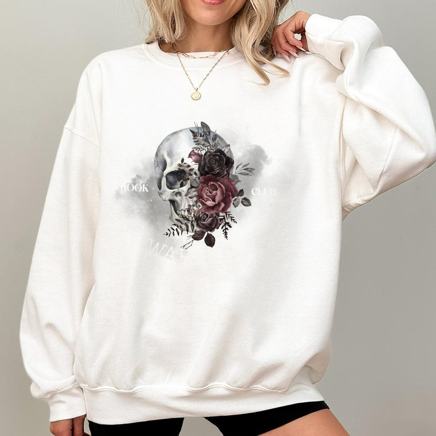 Trigger Warning Book Club Sweatshirt | Dark Romance Skull Floral Print | Premium Cotton Blend Crewneck | Gift for Readers and Book Lovers
