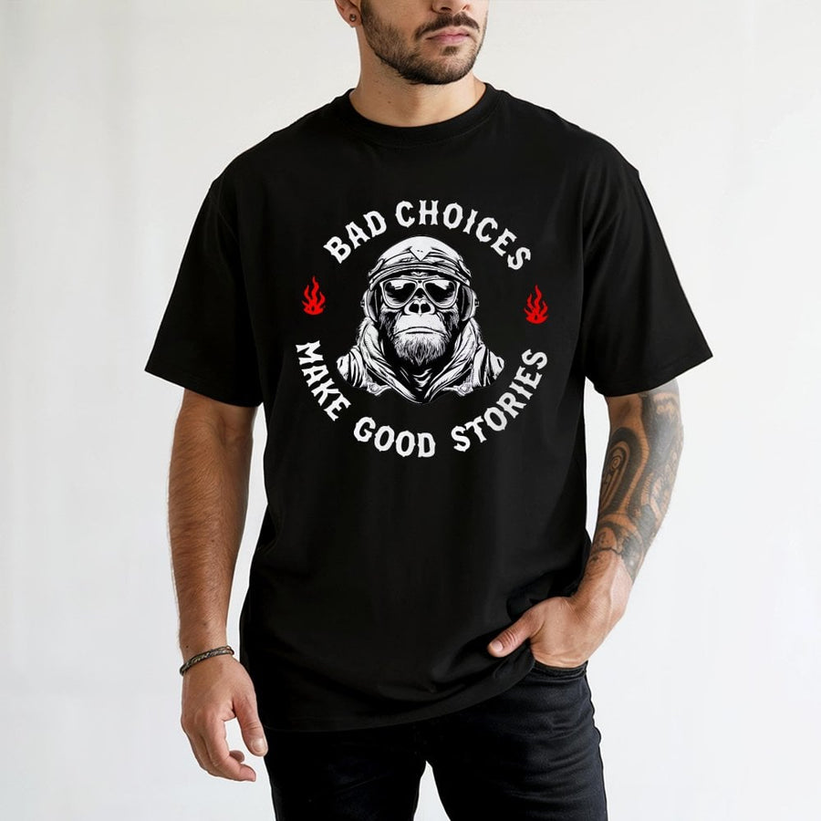 Bad Choices Make Good Stories T-Shirt | Retro Biker Monkey Graphic Tee | Premium 100% Cotton Apparel | Funny Adventure Gift For Men And Women