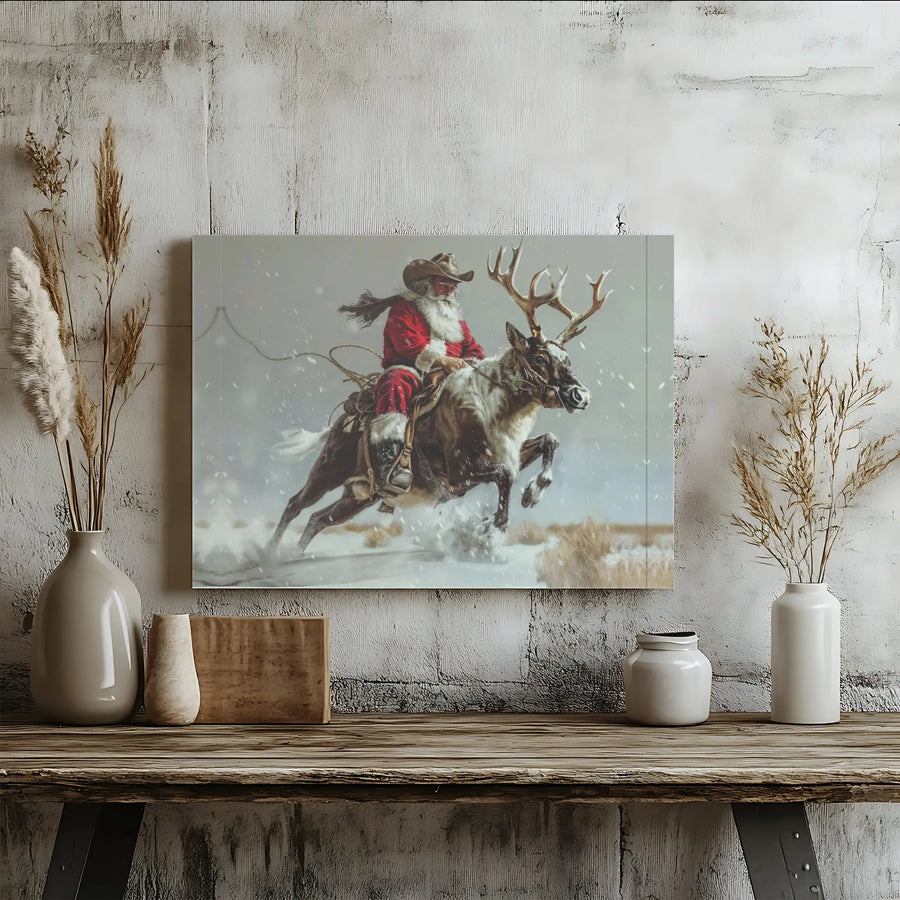 Cowboy Santa Riding Reindeer Canvas Wall Art | Rustic Western Christmas Decor | Premium 1.25 Inch Gallery Wrap | Holiday Gift for Western Decor Lovers