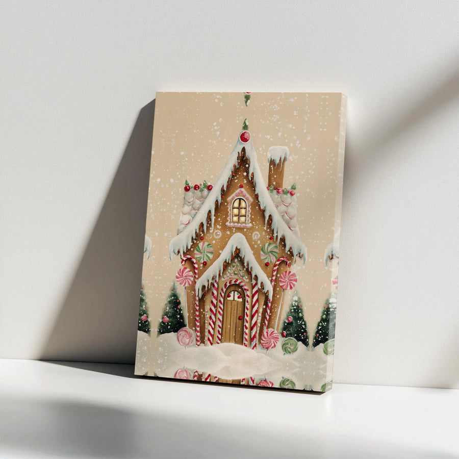 Gingerbread House Canvas Wall Art | Whimsical Candy Cane Winter Wonderland | Premium Gallery Wrapped Decor | Festive Holiday Home Gift