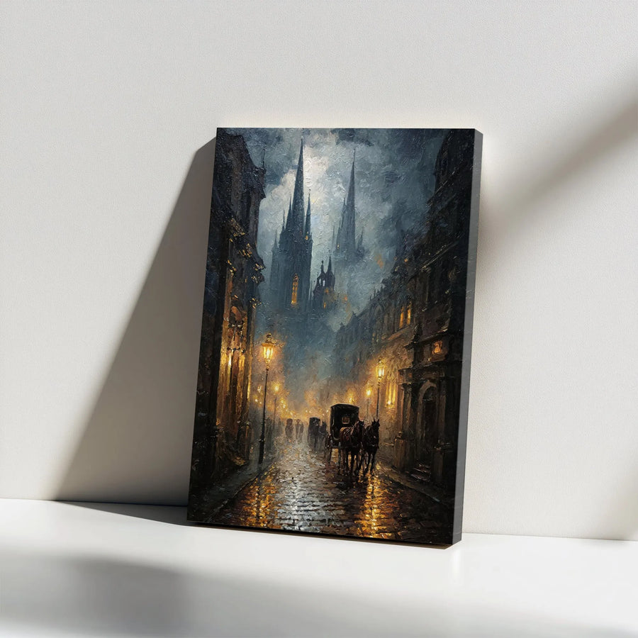 Gothic Cityscape Vertical Canvas Print | Victorian Rainy Night Art | Premium Gallery Wrapped Canvas | Dark Academia Home Decor Gift