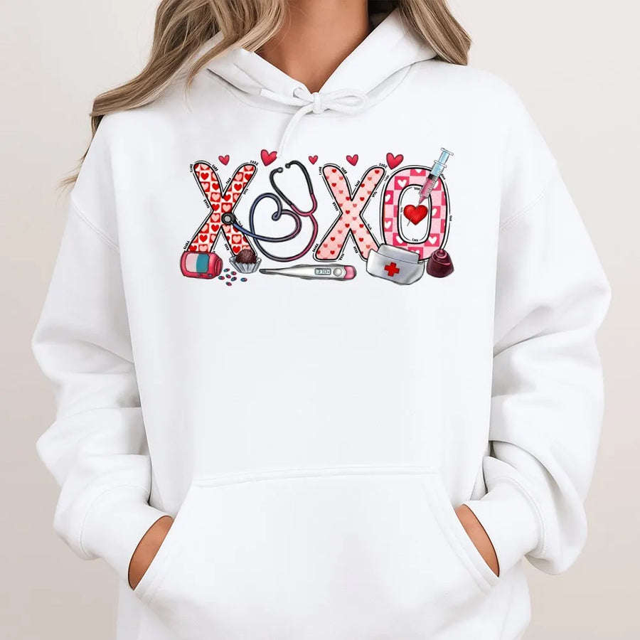 XOXO Nurse Hoodie | Valentine Medical Heart Stethoscope Design | Cotton-Poly Blend Soft Sweatshirt | Romantic Nurse Gift for Valentine’s Day
