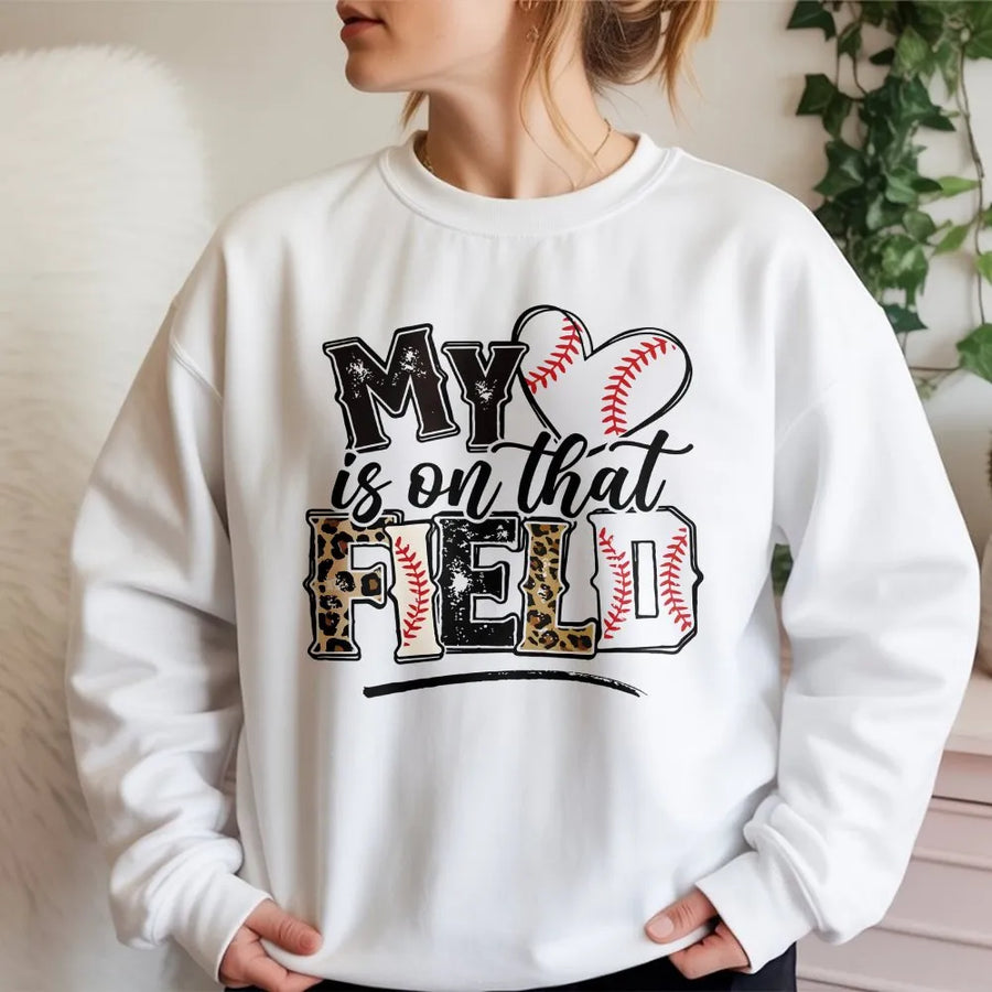 Baseball Mom Sweatshirt | My Heart Is On That Field Leopard Print Graphic | Soft Cotton-Poly Blend | Mother's Day Gift for Baseball Mama