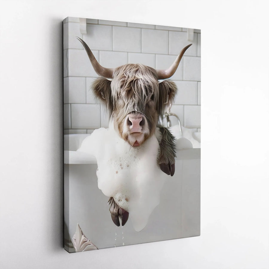 Highland Cow Canvas Wall Art | Funny Bubble Bath Animal Print | Premium 1.25" Gallery Wrap | Farmhouse Bathroom Decor Gift