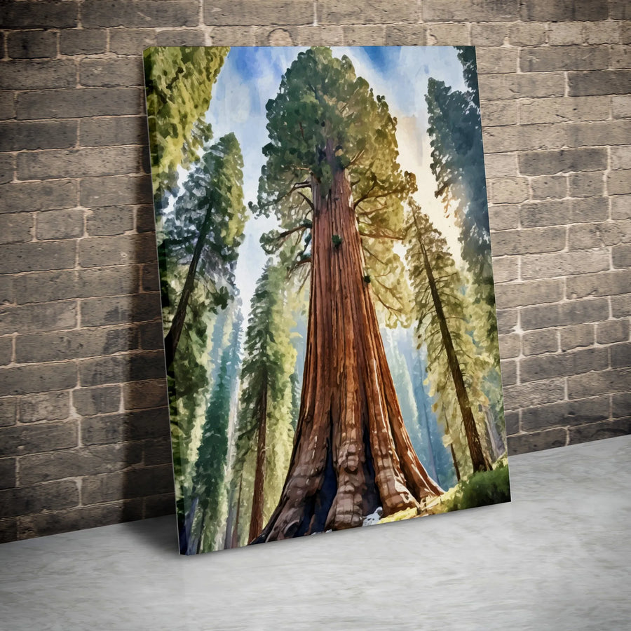 Giant Sequoia Tree Canvas Wall Art | Watercolor Forest Landscape Painting | Premium Fade-Resistant Print | Nature Lover Home Decor Gift