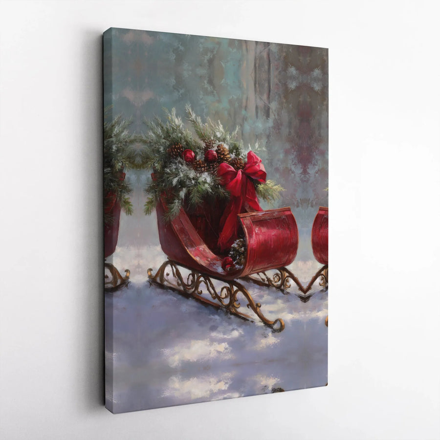 Vintage Christmas Sleigh Canvas Art | Snowy Pine Decor with Red Bow | Premium 1.25 Inch Gallery Wrap | Festive Holiday Wall Decor for Home