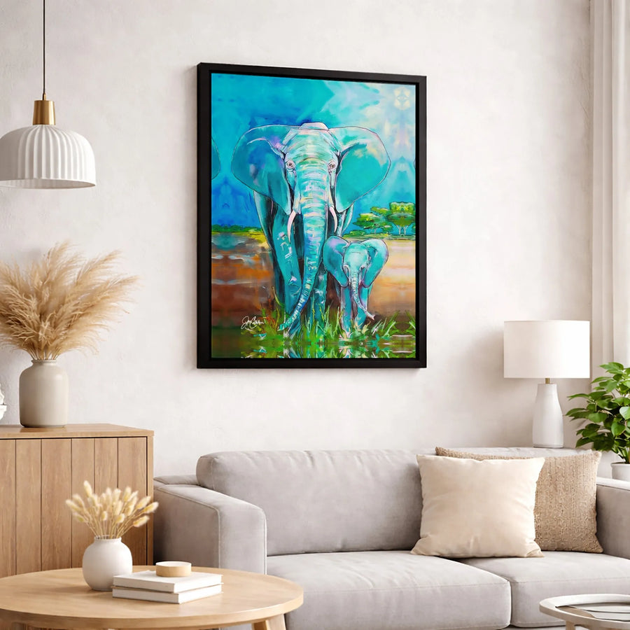 Mother and Baby Elephant Canvas Wall Art | Vibrant Watercolor Wildlife Print | Premium Gallery Wrap 1.25" Profile | Nursery Decor & Animal Lover Gift