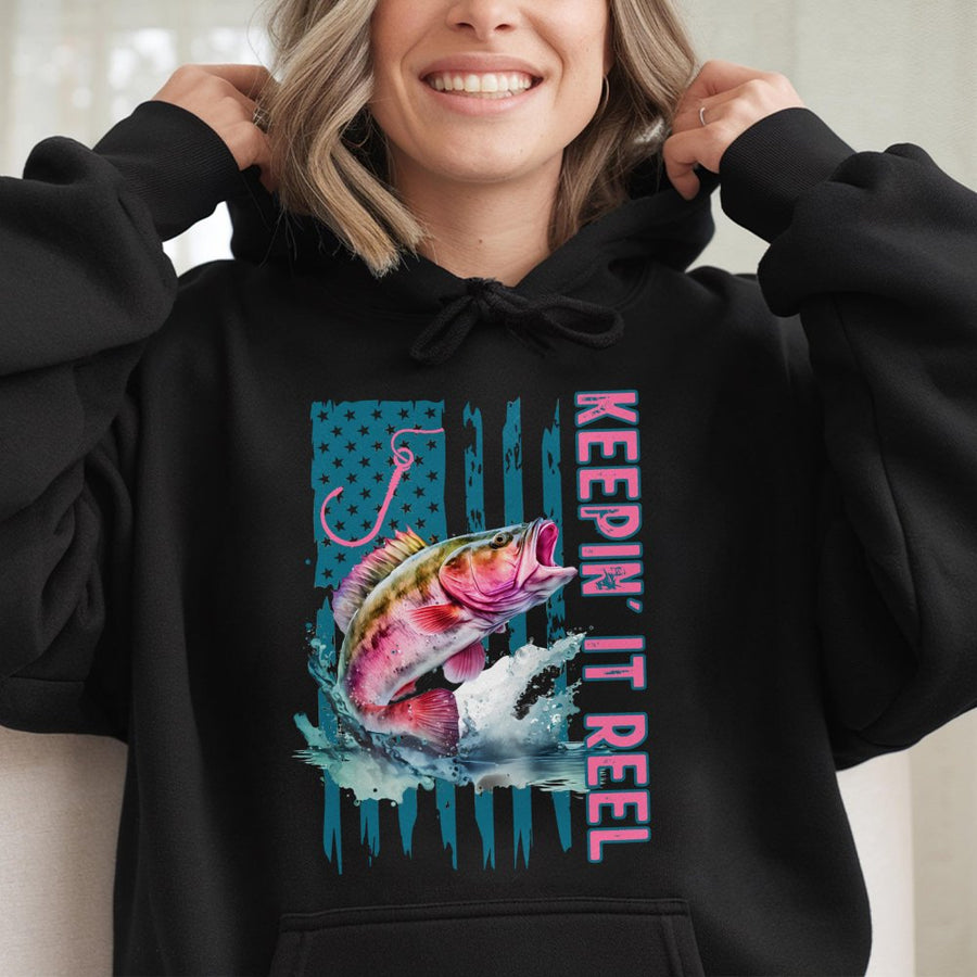 Keepin' It Reel Fishing Hoodie | Patriotic Bass Fish Graphic | Premium Cotton Blend | Gift for Anglers and Lake Life Lovers