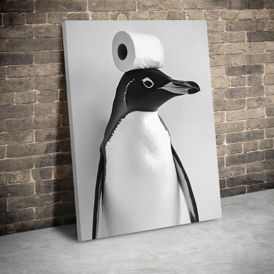 Funny Penguin Vertical Canvas | Black and White Toilet Paper Art | Premium Frameless Print | Unique Bathroom Decor Gift
