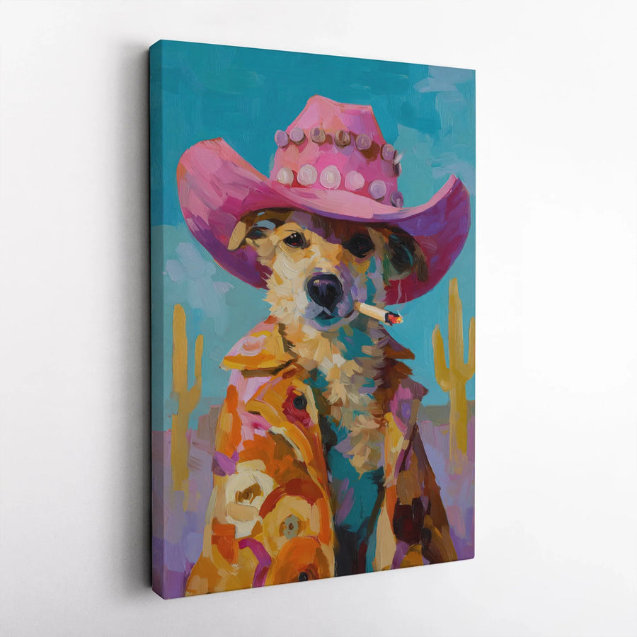 Dog Cowboy Canvas Wall Art | Pink Hat Western Desert Oil Painting Style | Premium Gallery Wrap Print | Fun Gift for Dog Lovers