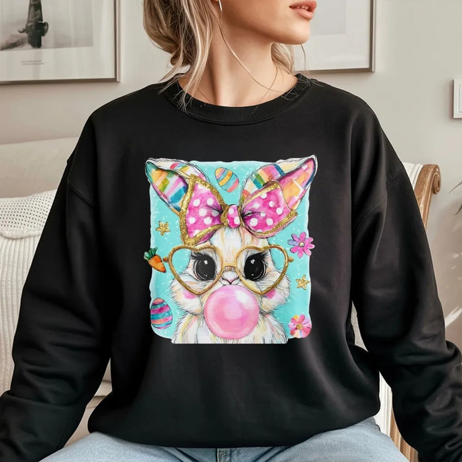 Easter Bunny Sweatshirt | Bubblegum Heart Glasses Rabbit Graphic | Premium Soft Cotton Blend | Cute Spring Gift for Women and Teens