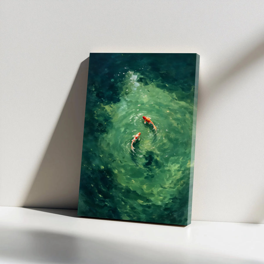 Koi Fish Canvas Wall Art | Two Koi Carp Painting in Emerald Pond | Premium Fade-Resistant Canvas Print | Japanese Zen Decor Gift for Home & Office