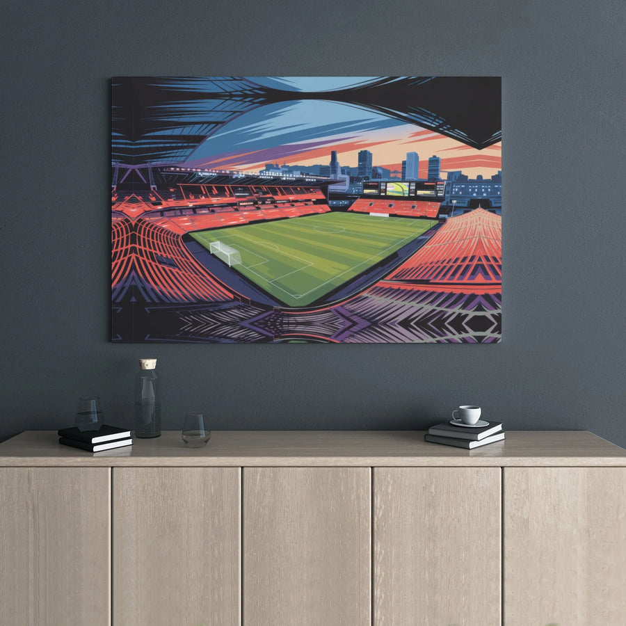 Soccer Stadium Canvas Print | Modern Sunset City Skyline Art | Premium Gallery Wrap Wall Decor | Gift For Sports Fans & Office Decor