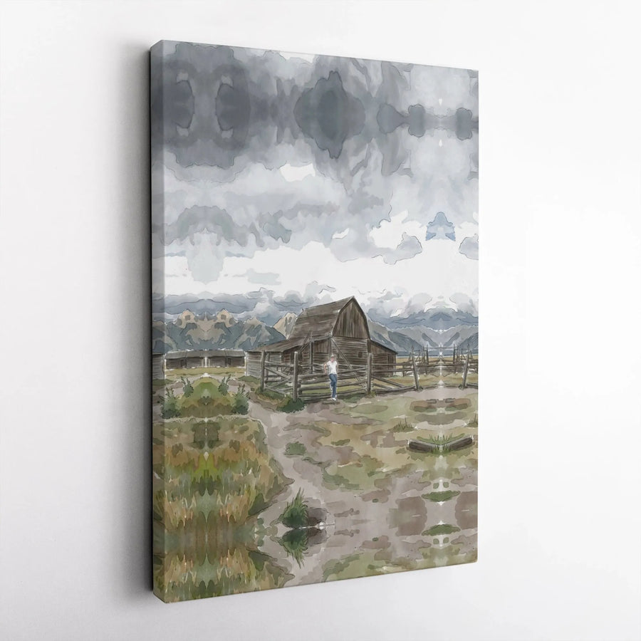 Rustic Barn Canvas Print | Watercolor Mountain Landscape Art | Gallery Quality 1.25 Inch Profile | Farmhouse Home Decor Wall Gift