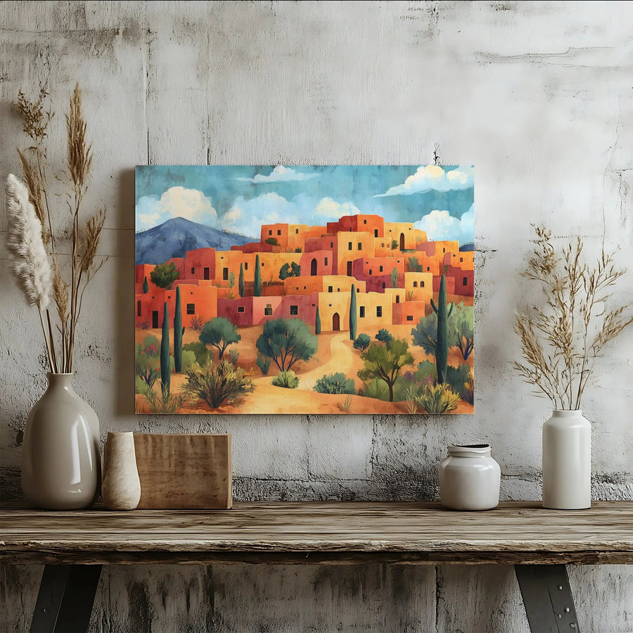 Southwestern Pueblo Village Canvas Art | Adobe Desert Landscape Print | 1.25-Inch Premium Gallery Wrap | Western Home Decor Wall Hanging