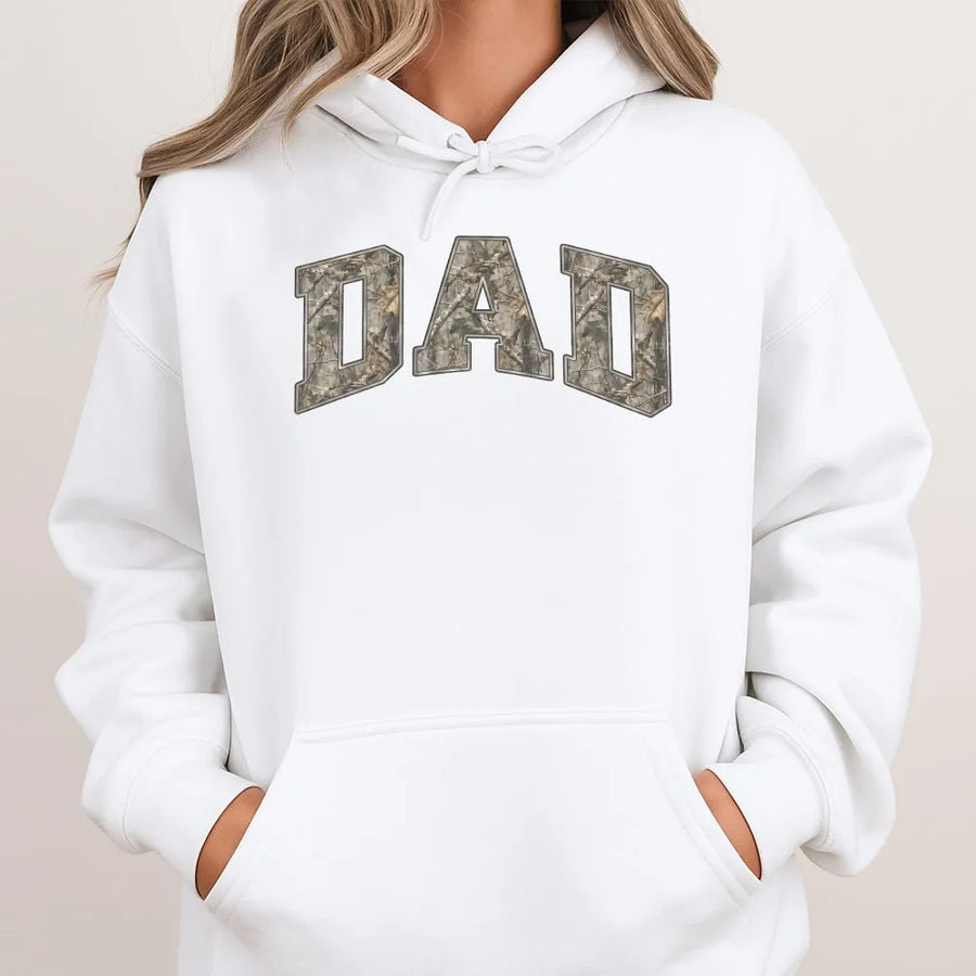Camo Dad Hoodie | College Style Camouflage Print | Premium Cotton Blend Pullover | Gift for New Father, Hunter Dad, Outdoorsman